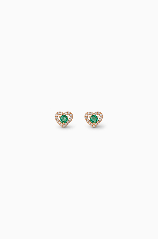 Little Heart Pink Gold Earrings with Diamonds and Emerald