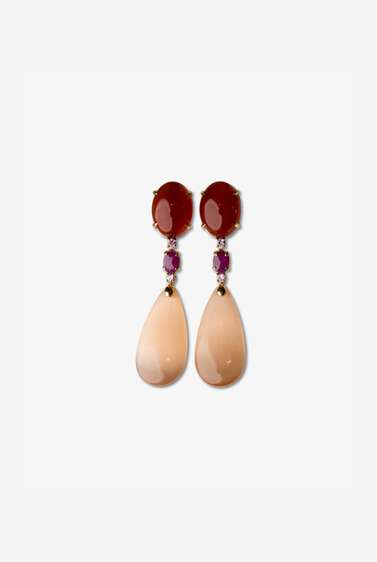 Gold Earrings with Agates, Rubies and Saphires