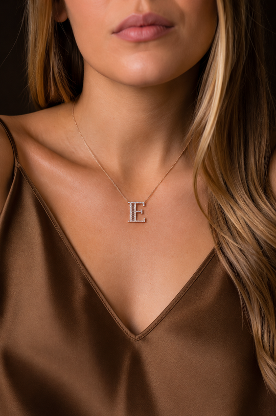 Pink Gold Necklace with Letter E and Diamonds