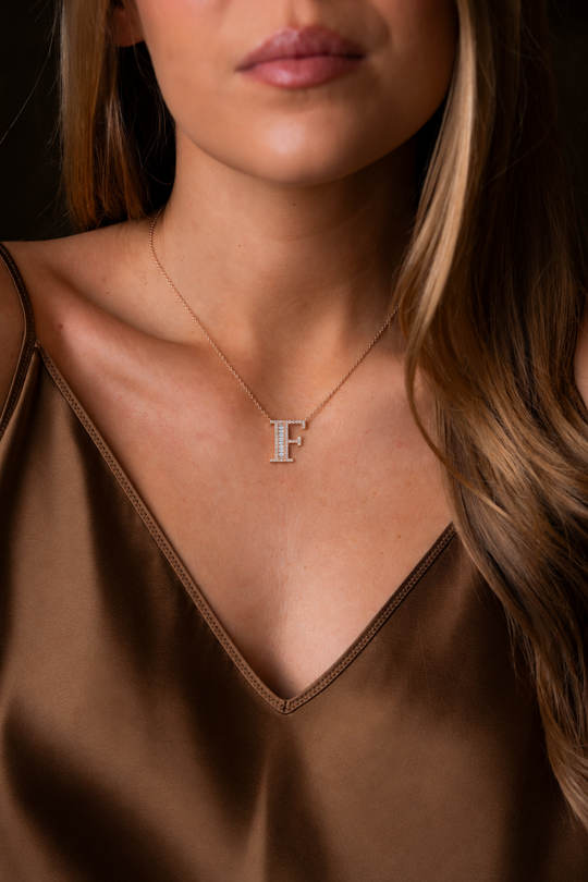 Pink Gold Necklace with Letter F and Diamonds