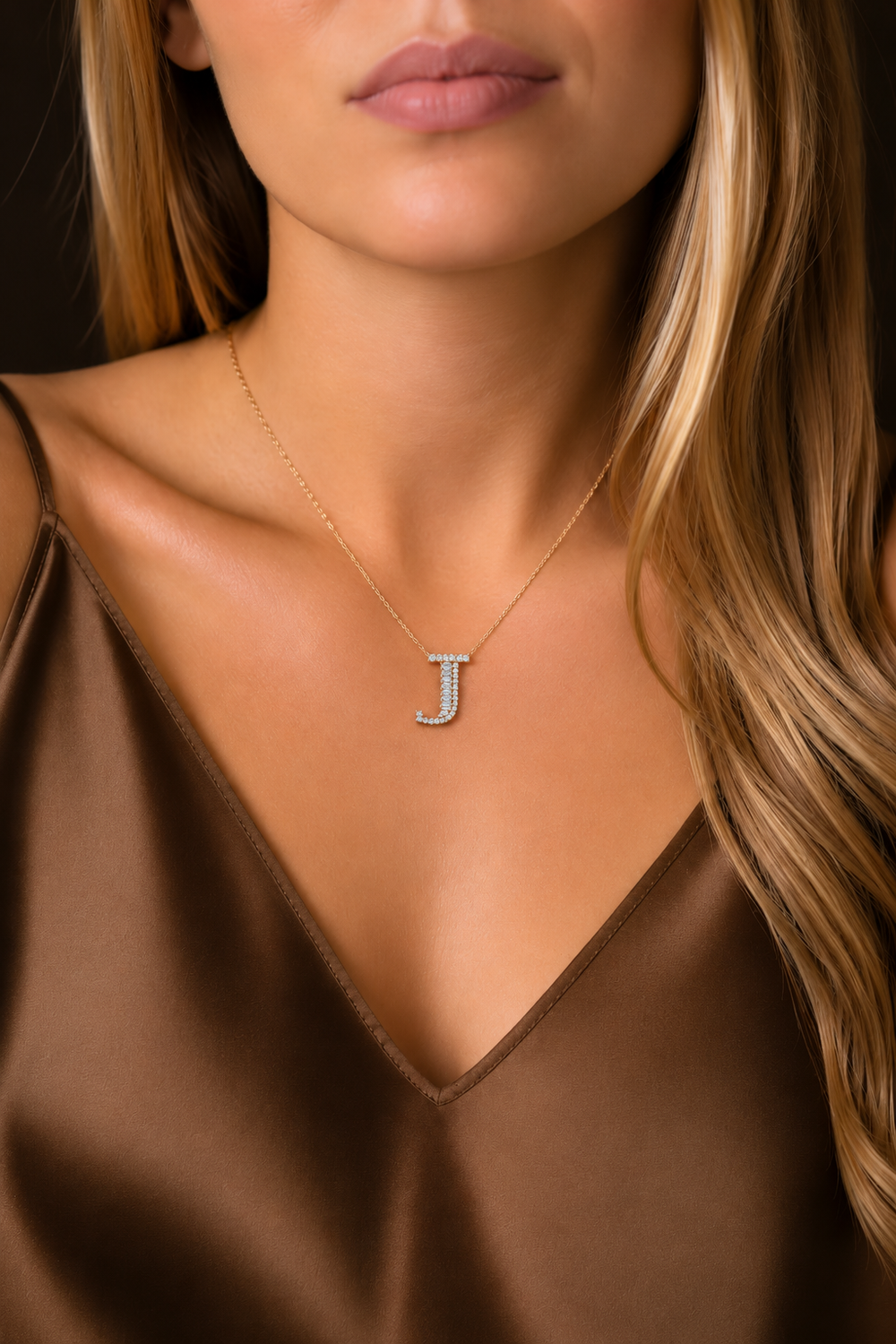 Pink Gold Necklace with Letter J and Diamonds