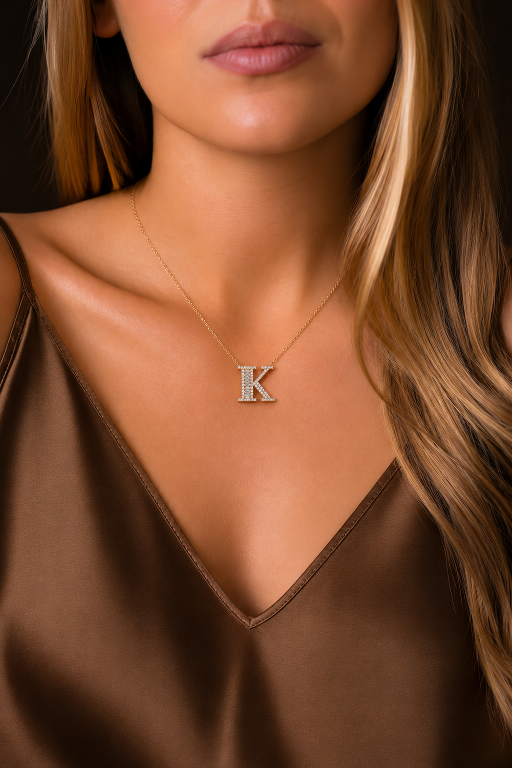 Pink Gold Necklace with Letter K and Diamonds