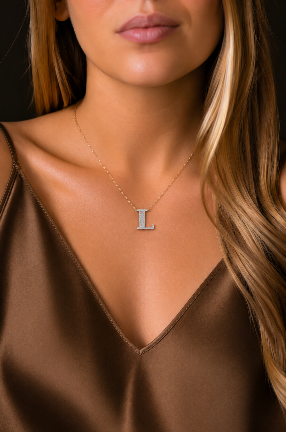 Pink Gold Necklace with Letter L and Diamonds