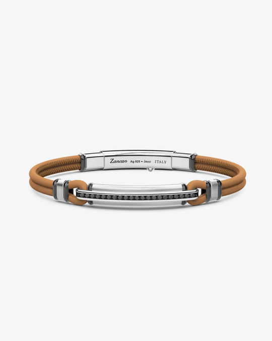 Natural leather bracelet with silver tag and black stones