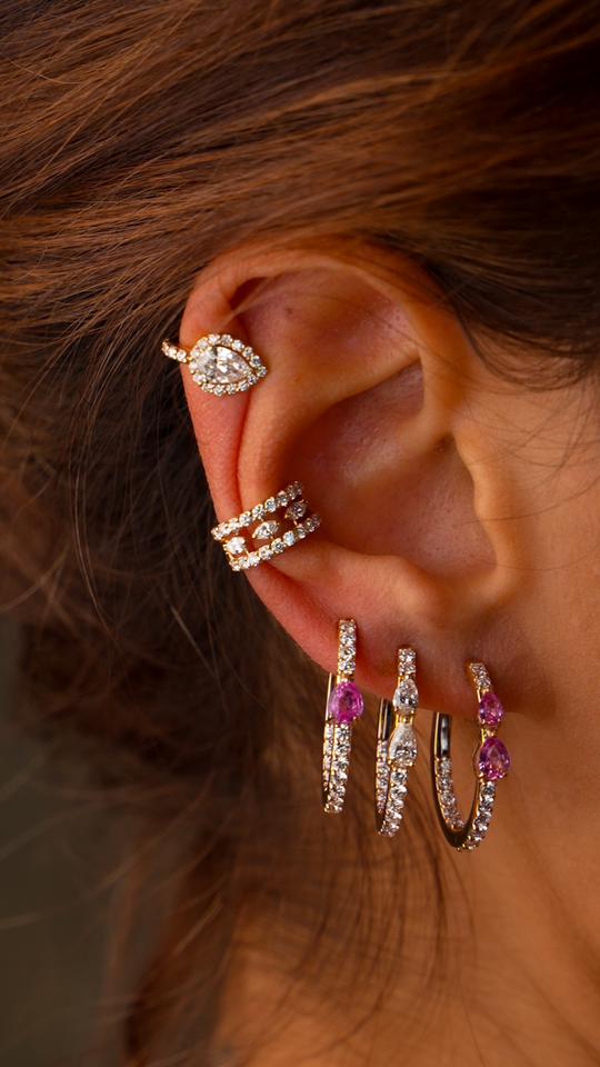 Pink Diamond and Gold Hoops with two Diamonds