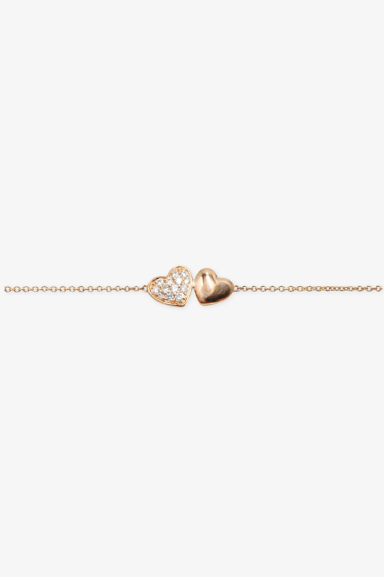 Pink Gold Chain Bracelet with 2 Hearts and Diamonds