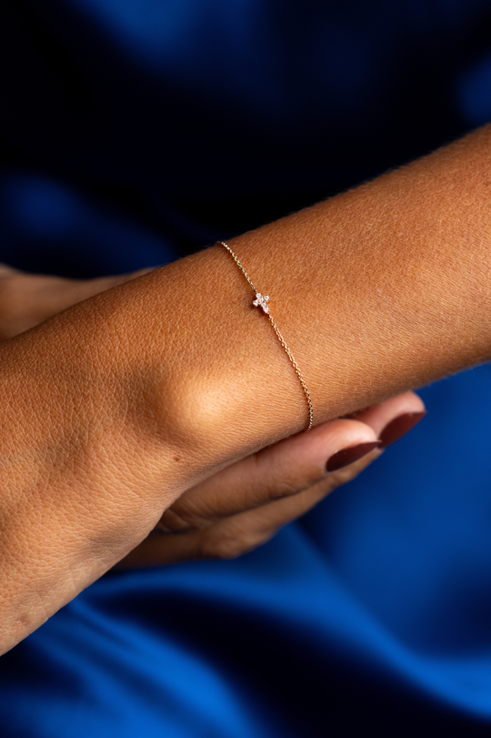 Tiny Cross Pink Gold Chain Bracelet with Diamonds