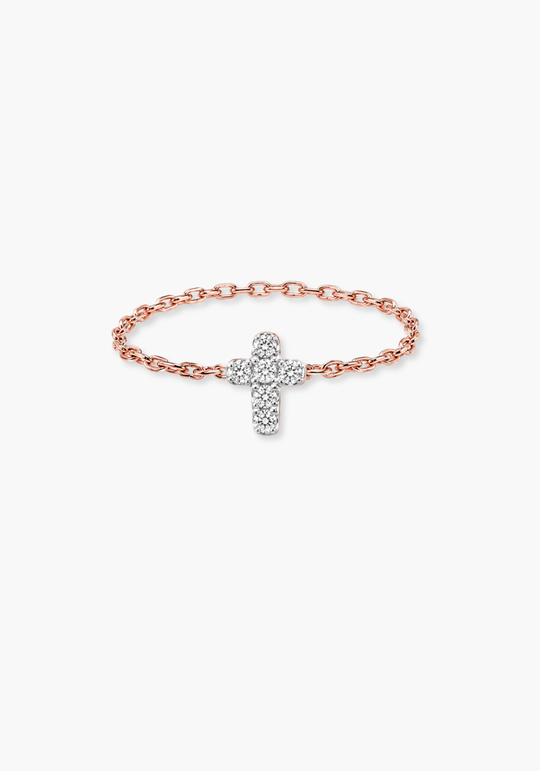 Gold Chain Ring with Cross and Diamonds