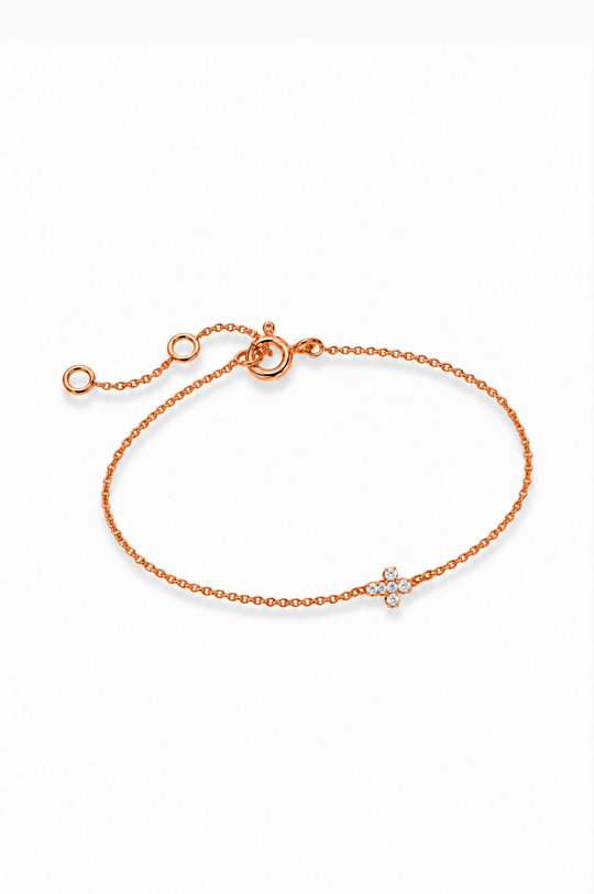 Tiny Cross Pink Gold Chain Bracelet with Diamonds