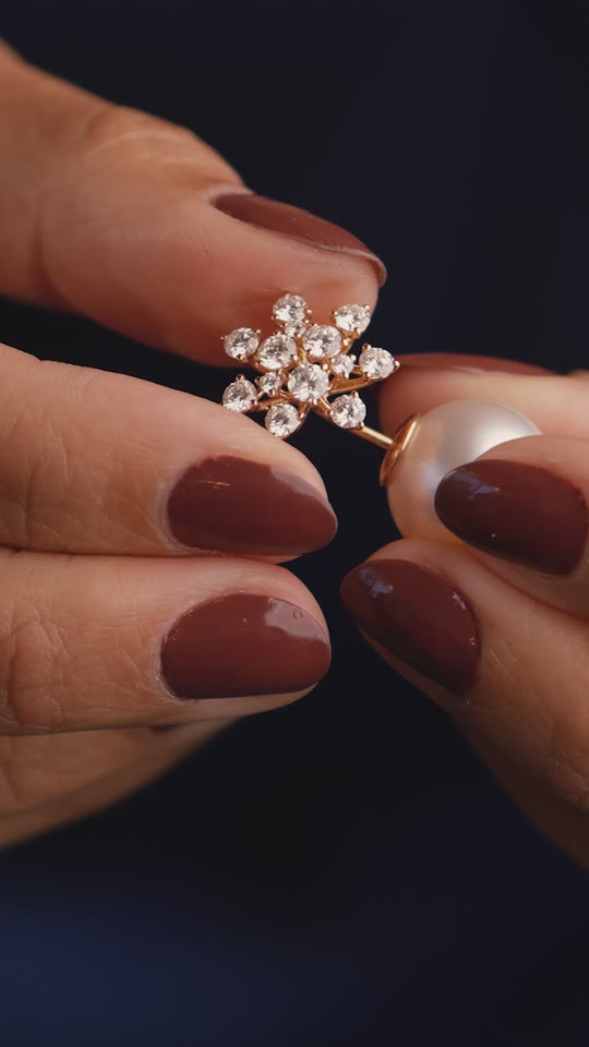 Flower Pink Gold Earrings with Pearl and Diamonds