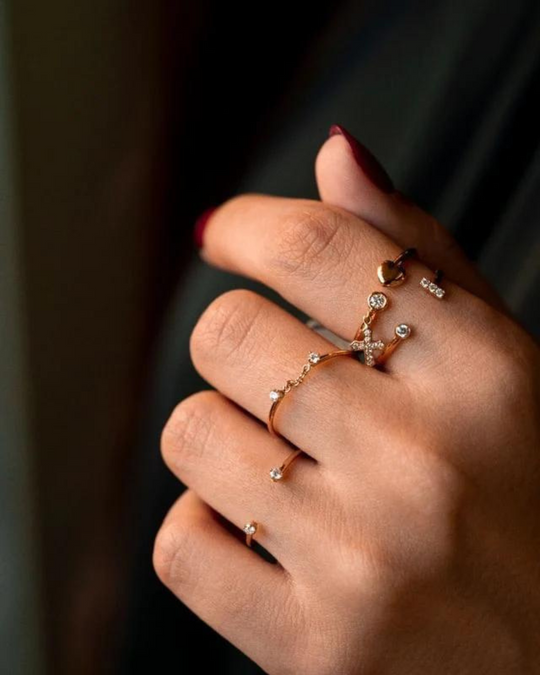 Gold Ring with Chain and Two Diamonds