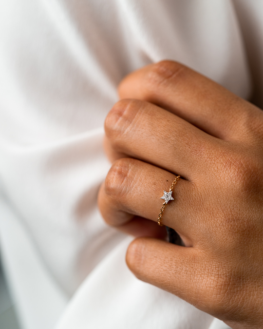 Gold and Diamond Star Chain Ring