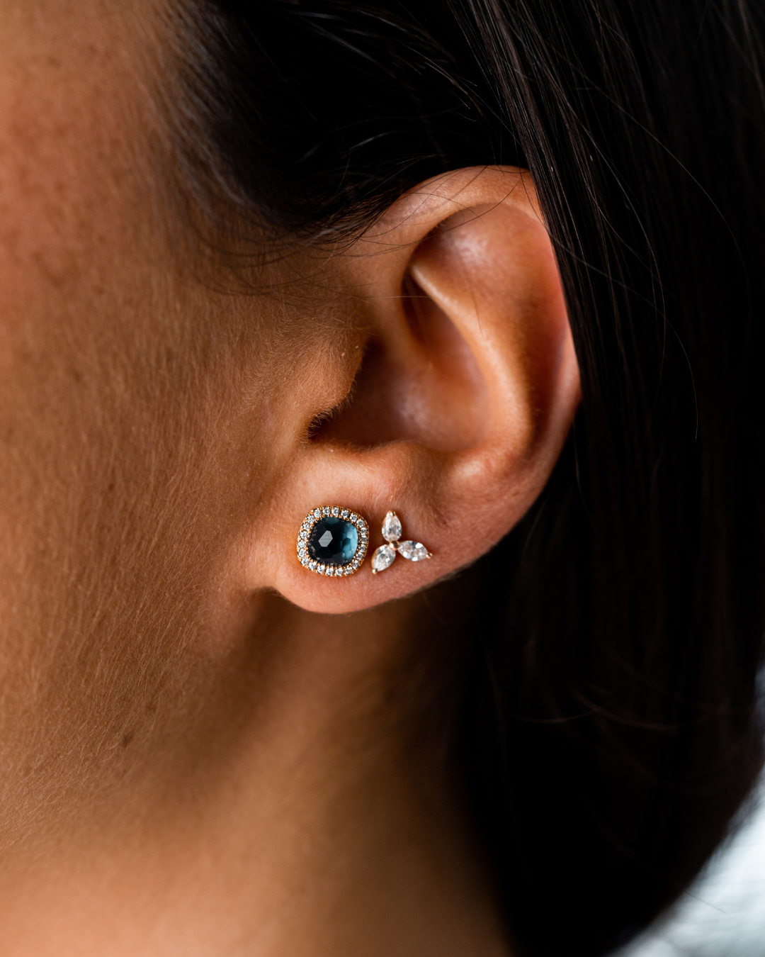 Rose Gold Earrings, Blue Topaz Stone and Diamonds